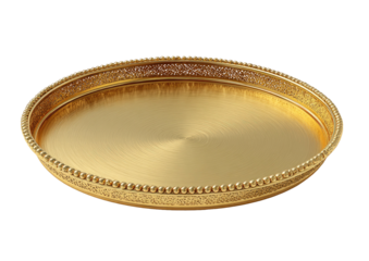 Elegant gold-colored serving tray with beaded edge, on dark background