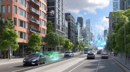 Fototapeta premium Futuristic Cityscape with Modern Urban Architecture and Smart Vehicles on a Busy Street
