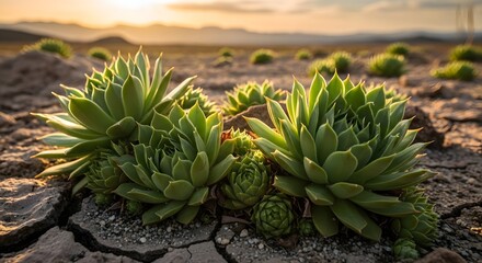 Fototapeta premium Succulents thriving in dry cracked earth landscape at sunset with vibrant green foliage and arid terrain