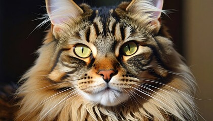 Intense Close-Up Portrait of a Majestic Maine Coon Cat with Striking Yellow-Green Eyes and Rich Brown Tabby Fur, Capturing Its Fierce Yet Gentle Expression in Sunlight