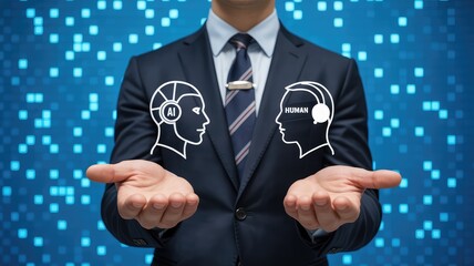 Businessman presents AI and Human concepts on open palms against a blue digital background