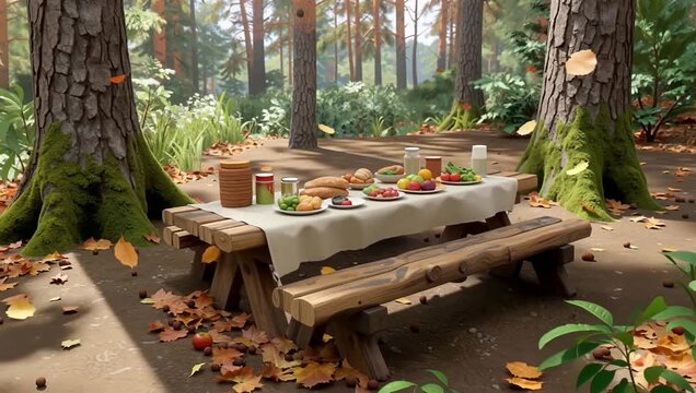 Outdoor forest picnic with bread and fruit on wooden table.