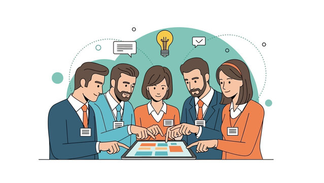 Teamwork brainstorm session with lightbulb idea and collaboration