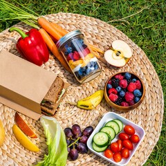 Healthy picnic spread with fresh fruits and vegetables on mat