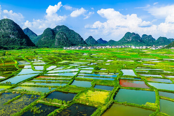 Beautiful green rice fields and village with karst mountain natural landscape in Guilin, China.