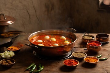 Hearty egg curry dish with spices on rustic wooden table