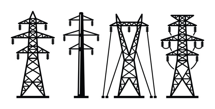 Vector illustration of electricity pylons silhouettes set. Different types of high voltage transmission towers.