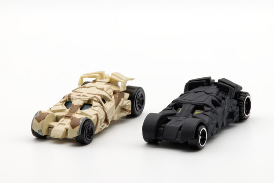 Bologna - Italy - January 5, 2026: Batmobile die-cast model by Hot Wheels isolated on white background.
