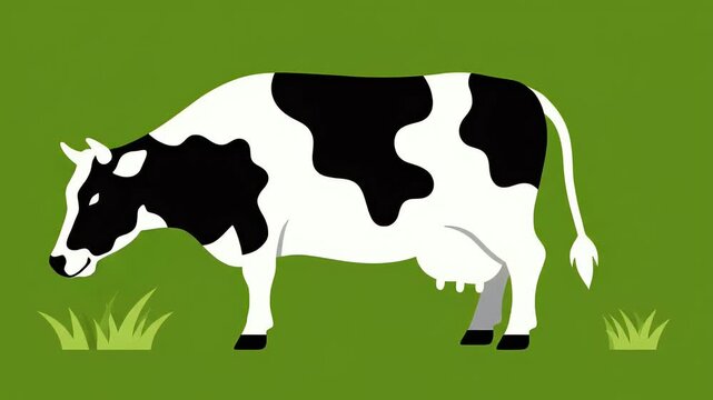 Flat design animation of a black and white spotted cow grazing and chewing