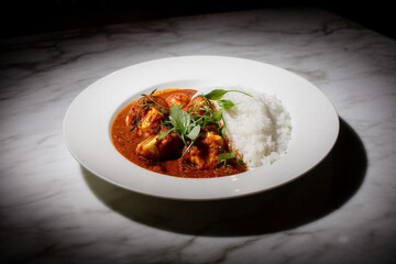 Delicious seafood curry with fresh herbs and rice