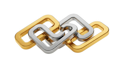Interconnected silver and gold chain links isolated on transparent background