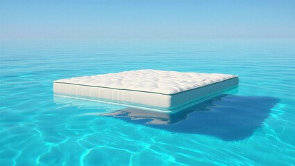 Floating mattress on serene ocean water with clear blue sky