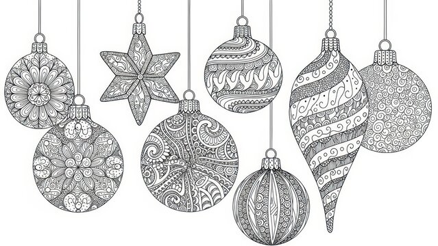 Intricate christmas ornament line art arrangement for coloring, creative design, decorative elements