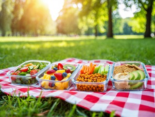 Healthy picnic spread on red and white checkered blanket outdoors
