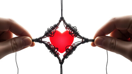 Hands holding a broken heart ornament isolated on transparent background