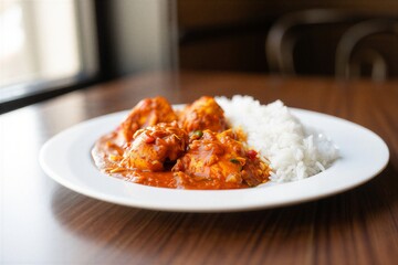 Delicious chicken curry with rice on a white plate