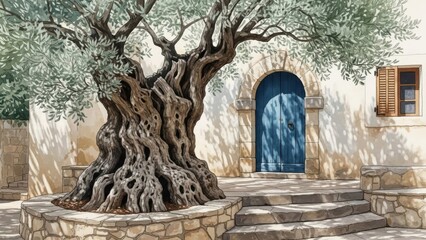Naklejka premium Ancient olive tree beside rustic stone house with blue door