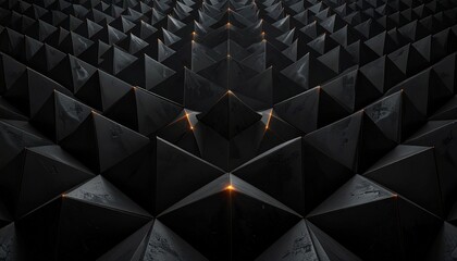 3D grid of dark triangular pyramids with outward-facing apexes and symmetrical lighting for textured surface