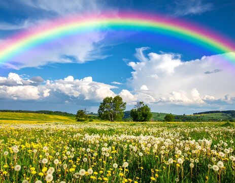 Vivid rainbow arches over a sunlit meadow under a bright blue sky
