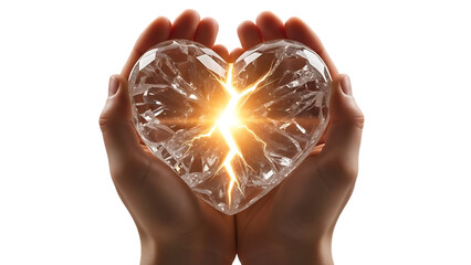 Hands cradling a glowing heart shaped crystal isolated on transparent background