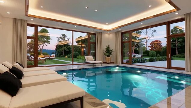 Luxurious indoor pool lounge with glass windows and modern villa design.