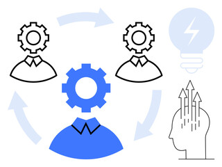 Fototapeta premium Workflow concept. Workflow showing collaboration, teamwork, and idea development. Workflow highlights progress, productivity, and problem-solving. For business strategy, innovation management team