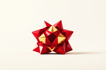 Red geometric star shape with golden accents on neutral background