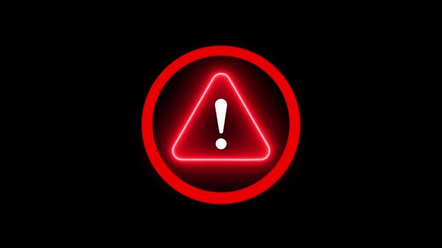 Glowing light neon red color warning attention icon animation isolated on black background