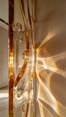 Close-up of amber glass panel with air bubbles casting warm light reflections on textured beige wall in modern interior