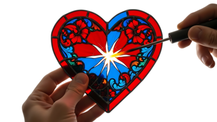 Stained glass heart artwork being crafted isolated on transparent background