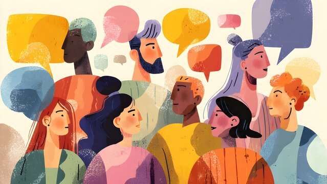cartoon style illustration of abstract human icons connected speech shapes chatting, communication and discussion