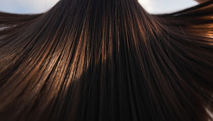 Close-up abstract view of shiny, healthy dark brown hair reflecting golden sunlight, showcasing individual strands and natural texture with a shallow depth of field.