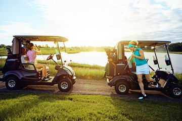 Golf cart, people and women with hobby, game and drive for weekend with bonding together. Friends,...
