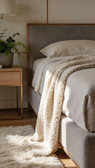 Cozy modern bedroom with soft neutral bedding, textured throw blanket, and natural light on wooden nightstand