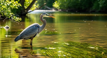 Naklejka premium A majestic heron stands in a serene lake surrounded by lush greenery on a sunny day from a distant viewpoint