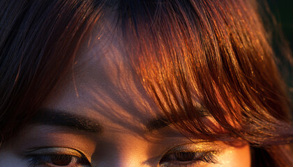 Close-up of a woman's eyes and hair illuminated by golden sunlight, showcasing warm tones and intricate details of her makeup and flowing locks.