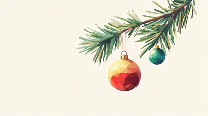 Colorful Geometric Christmas Ornaments Hangs on Pine Tree Branch