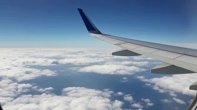 Modern airplane wing with blue winglet flying over white fluffy clouds in bright daylight, clear blue sky aerial view, commercial aviation transport and tourism business travel concept.