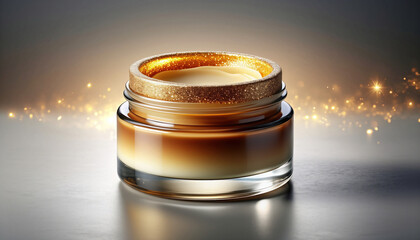 Luxurious glass jar with shimmering gold glitter rim, containing a creamy cosmetic product, set against a sparkling bokeh background, ideal for beauty and skincare advertising.