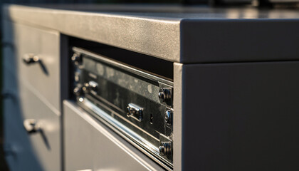 Close-up detail of a modern outdoor kitchen cabinet with a partially open drawer revealing metal runners and hardware, showcasing durable construction and contemporary design in bright sunlight.