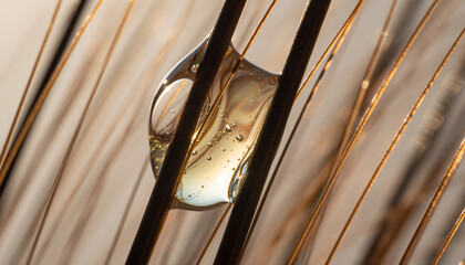 Close-up macro shot of a clear, viscous liquid droplet with small bubbles adhering to strands of brown hair, highlighting hair care and beauty concepts.