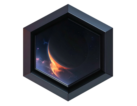 Hexagonal frame revealing a cosmic vista, planet, nebulas, and starlight - Powered by Adobe