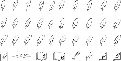 Set of feather icons and writing elements in simple black and white line art style representing literature, creativity, and writing tools © MdRazaul