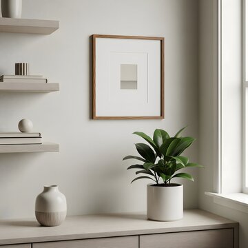 Empty wooden square photo frame mockup on wall in modern living room interior with shelves, books, ceramic vase and potted plant near window sunlight.