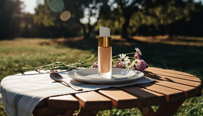 Cosmetic foundation bottle with golden cap and white pump standing on white plates with wildflowers on a wooden table outdoors in a sunny park with green grass and trees in the background.