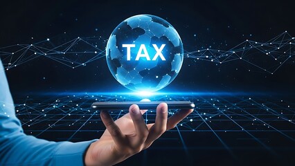 Person holding smartphone with glowing tax globe and network connections