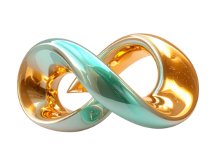 3D-rendered infinity symbol with gradient gold, teal, and reflective shine