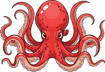 Red octopus cartoon illustration, sea creature vector mascot with tentacles, marine animal clipart, underwater wildlife design, ocean life digital artwork © Liton Roy