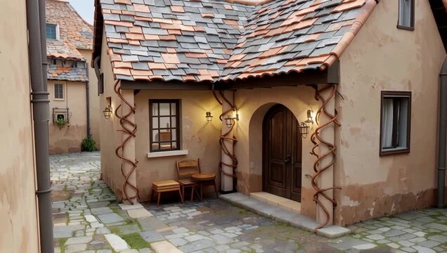 Rustic cottage courtyard with stone tiles and arched doorway.