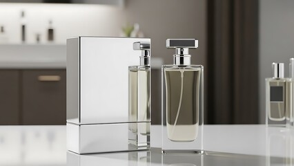 Perfume Bottle and Packaging on a White Surface clear